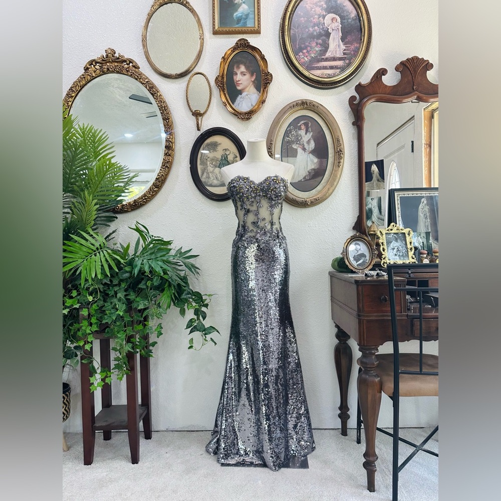 Silver Sequin Strapless Mermaid Gown - Night Moves - Formal Evening Dress